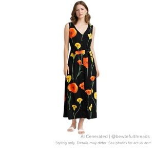 Vintage Floral Rayon Maxi Dress Arvanti Button Front Tie Waist XL/L